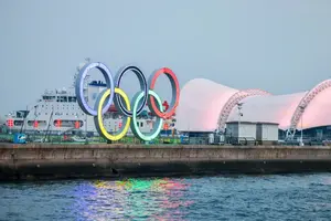 Qingdao Olympic Sailing Centre illuminated Olympic rings harbour
