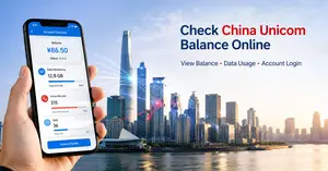Hand holding a smartphone showing China Unicom account balance, data, voice and SMS usage, with the Shanghai skyline in the background
