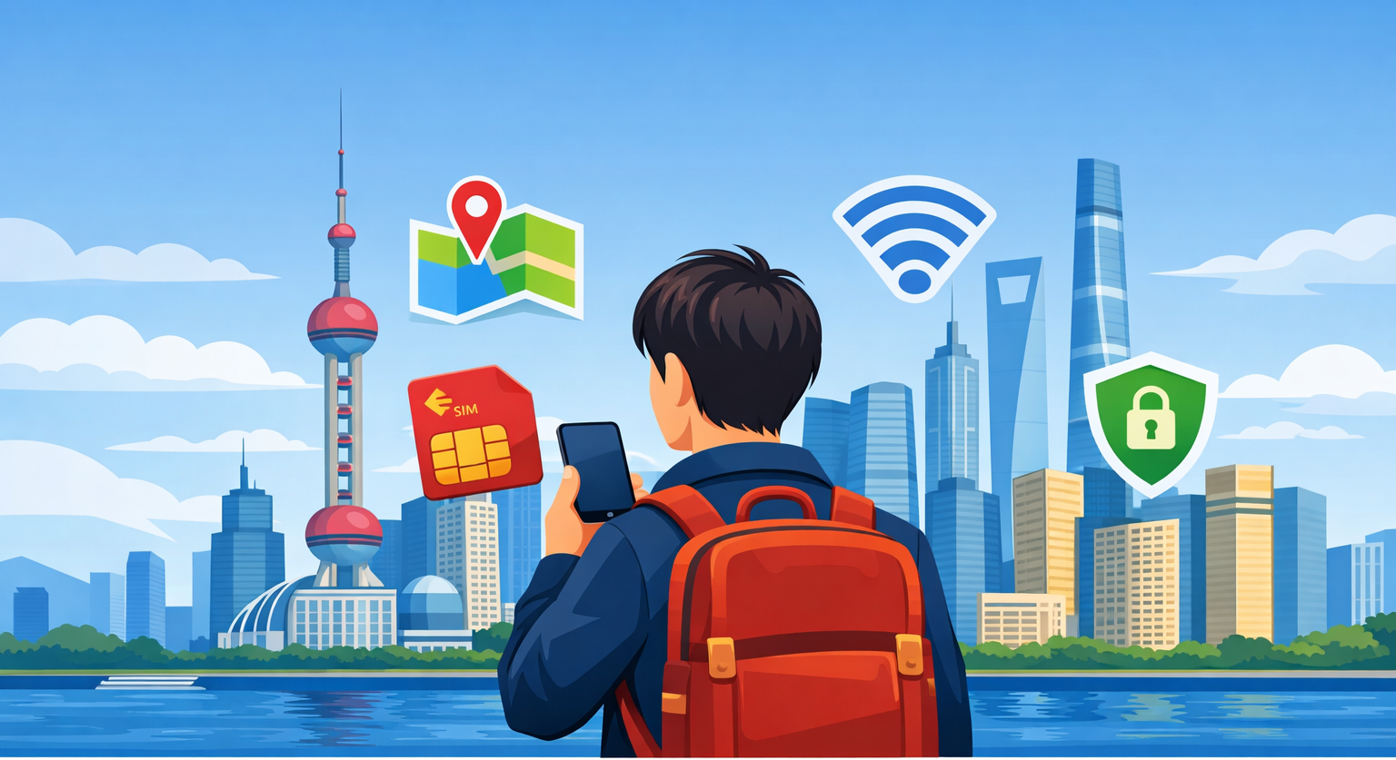 在上海天际线使用智能手机的旅行者——中国手机旅行指南