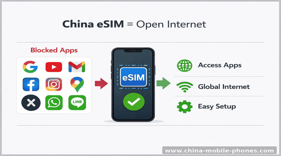China Great Firewall blocked apps 2026 — Google, WhatsApp, Instagram blocked on local SIM, accessible via Holafly eSIM international routing