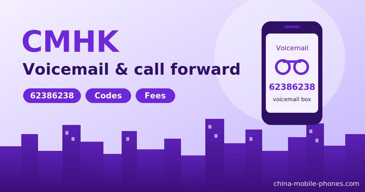 Illustration of a phone showing the CMHK voicemail number 62386238 above a city skyline