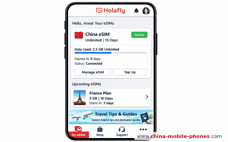 Holafly eSIM China app showing unlimited data active — 2.5GB used, 8 days remaining, connected to China Mobile 4G LTE network