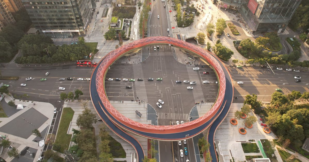 Aerial view of Chengdu's circular elevated cycling ring, Sichuan province, China